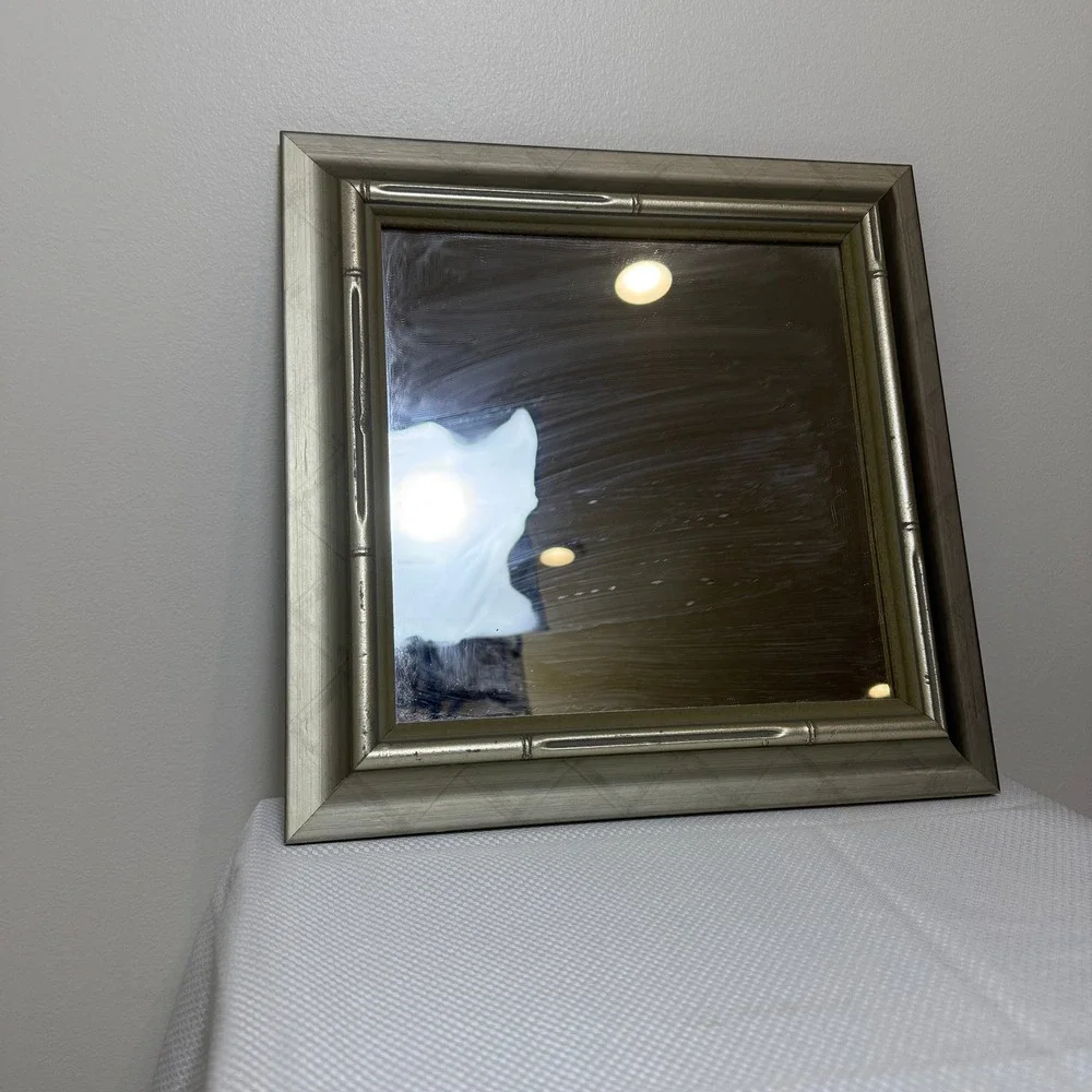 Silver Champagne Faux Bamboo Square Wall Mirror Hollywood Regency‎ 13.5x13.5